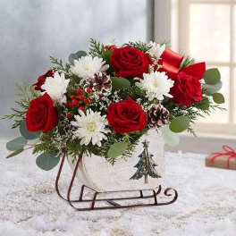 Red roses and white daisies in a sleigh-shaped planter