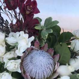 Bouquet with white roses and a large protea bloom