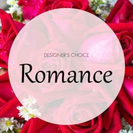 Red roses with small white daisies and a Romance label