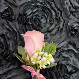 Pink calla lily boutonniere with small white flowers and a pink ribbon