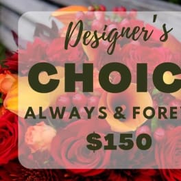 Mixed bouquet of red, pink, and orange flowers with a text overlay