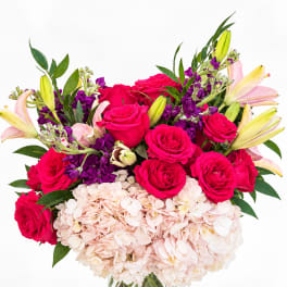 Bouquet of hot pink roses, pale hydrangeas, and lilies in a glass vase