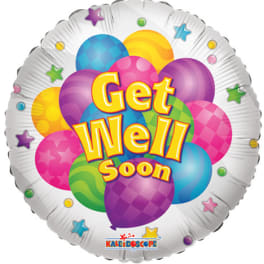 Round foil balloon with colorful balloons and the words Get Well Soon