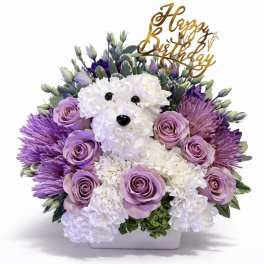 Birthday flower arrangement with a white carnation dog, lavender roses, and purple mums in a white container.