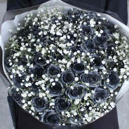Bouquet of dark roses with small white filler flowers