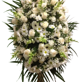 White floral standing spray with roses and daisies