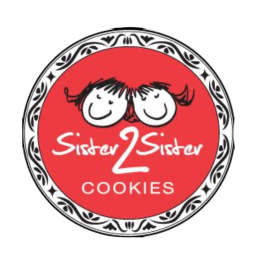 Round red cookie logo with two smiling faces and the words Sister 2 Sister Cookies