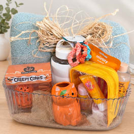 Gift basket with candles, incense, scrunchies, and a cat-shaped mug