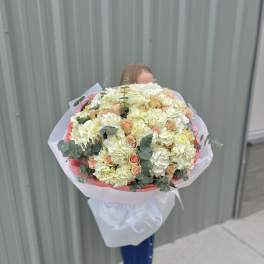 large bouquet of hydrangea with tulips and eucalyptus