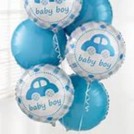 Cluster of blue baby boy balloons with car prints
