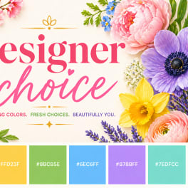 Spring floral graphic with colorful flowers framing the words designer choice