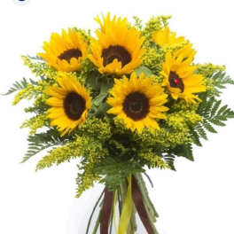 Bouquet of sunflowers with yellow filler and greenery