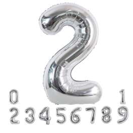 Silver foil number balloons, with a large 2 and smaller digits below