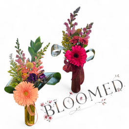 Two colorful floral arrangements with gerbera daisies and snapdragons