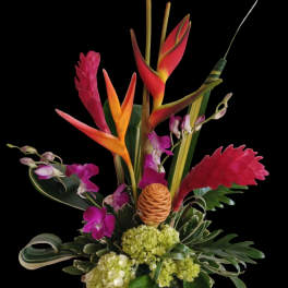 Tropical flower arrangement with orchids and bird-of-paradise in a decorative vase