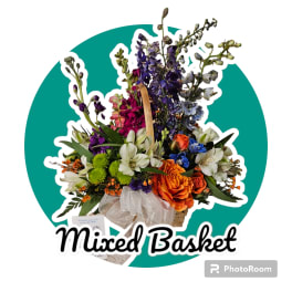 Mixed flower basket with orange, purple, white, and blue blooms