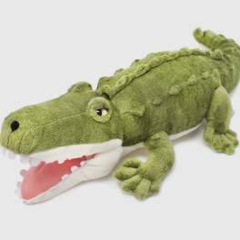 Green crocodile plush toy with open mouth