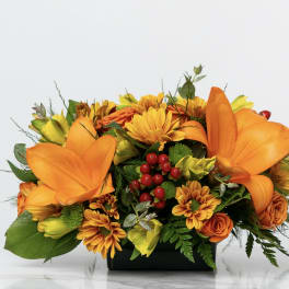 Orange and yellow floral arrangement in a black container