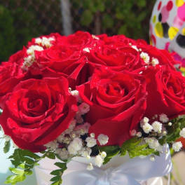 Red roses arranged in a white hat box with baby's breath and a white ribbon