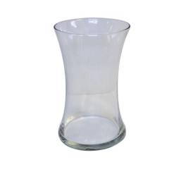 Clear hourglass-shaped glass vase on a white background