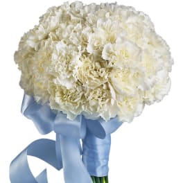 White carnation bouquet tied with a light blue ribbon