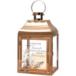 Copper lantern with a memorial quote and floral print insert