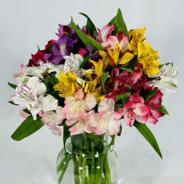 Mixed bouquet of colorful alstroemeria in a clear glass vase
