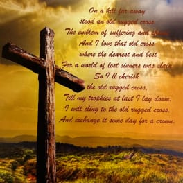 A rustic wooden cross against a golden sky with poem text