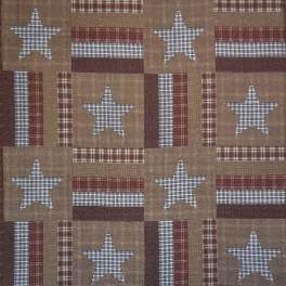 Patchwork quilt with stars and plaid squares in red, tan, and blue