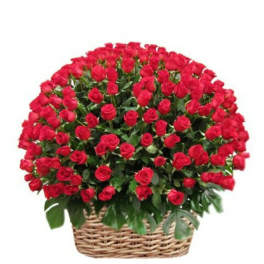 Basket of red roses arranged in a dome shape