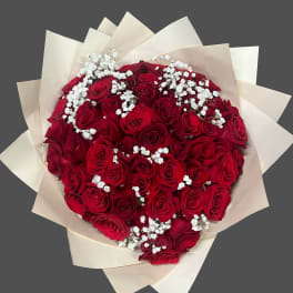 Bouquet of red roses with white baby's breath in cream wrapping