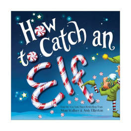 Book cover with candy cane letters and a small elf illustration