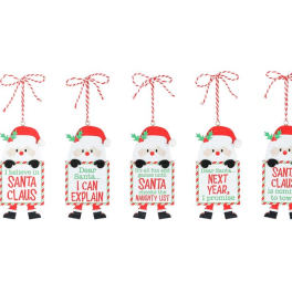 Set of five Santa Claus hanging ornaments with holiday sayings