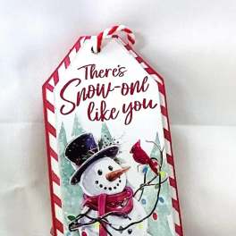 Holiday tag with a snowman, cardinal, and the text "There's snow-one like you"