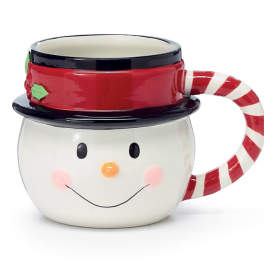 Snowman-shaped ceramic mug with a candy cane handle