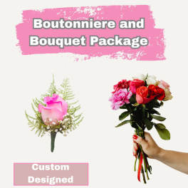 Boutonniere and bouquet package with pink roses and carnations