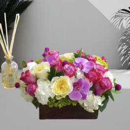 Mixed pink, white, and yellow flowers in a rectangular box with a reed diffuser
