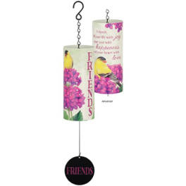Two hanging cylindrical wind chimes with pink flower and bird designs