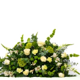 Our Gentle Thoughts Collection: Half Casket Spray in White and Green Blooms