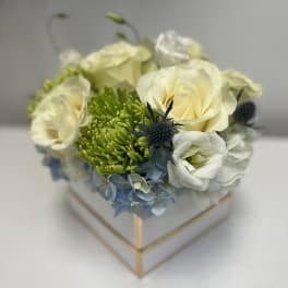 Compact floral arrangement of cream roses, green chrysanthemum, and blue hydrangea in a square box