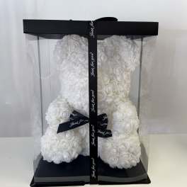 White rose teddy bear in a clear gift box with black ribbon