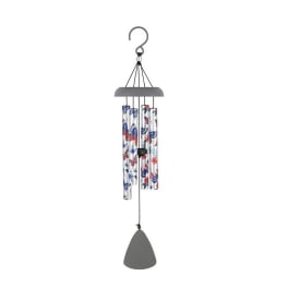 Decorative wind chime with butterfly-patterned tubes and a gray clapper