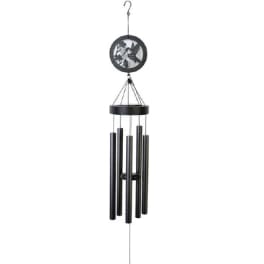 Black memorial wind chime with a hummingbird cutout and "In Loving Memory" disc