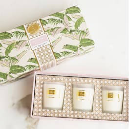 Three scented candles in a pink gift box with tropical-patterned packaging.
