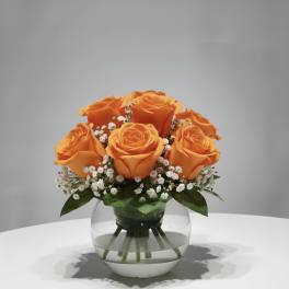 Orange roses arranged in a clear glass vase with white filler flowers