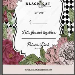 Floral-themed gift card with pink roses and black-and-white diamond pattern