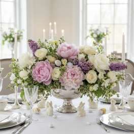Pink and white floral centerpiece in a silver bowl on a set dining table