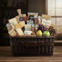 Wicker gift basket with cheese, crackers, fruit, and nuts