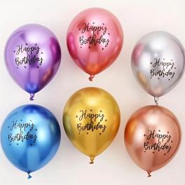 Six metallic balloons printed with Happy Birthday text