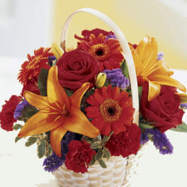 Basket of red and orange flowers with purple accents
